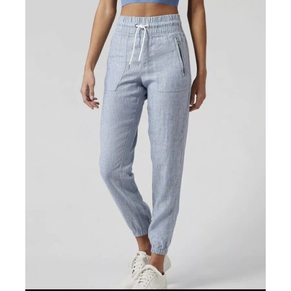 Athleta Cabo Pants Women Sz 10p,12,18 Linen Joggers Elastic Zip‎ Pockets Blue